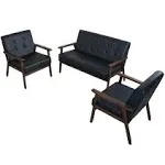 JIASTING Mid Century 1 Loveseat Sofa and 2 Accent Chairs Set Modern Wood Arm Couch and Chair Living Room Furniture Sets (8428 Black Set)