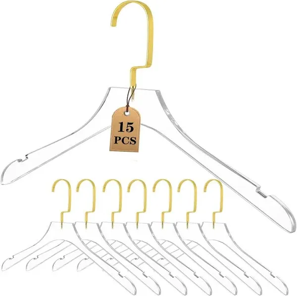 YEBIAO 15 Pack Acrylic Hangers Clear and Gold Hangers Premium Quality Clear Acrylic