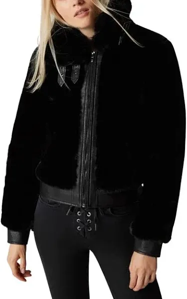 Blank NYC black fur coat with leather detailing