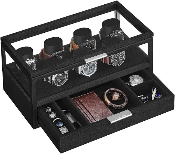 SONGMICS 2-Tier Wooden Watch Case, Watch Display Box, Watch Holder with 7 Pillars, Drawer, Acrylic, Solid Wood Top and Veneer, Velvet Lining, Gift for Loved Ones, Coffee Brown UJOW007K01