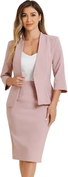 Allegra K Women's Office Work Collarless Blazer Pencil Skirt Business Suit Set 2 Pcs