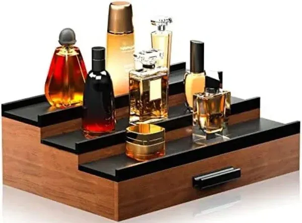 Wooden Cologne Display Stand Organizer for Men, 3 Tier Cologne Display with Drawer Storage, Perfume Display Rack, A Great Gift for Men,Walnut&Black