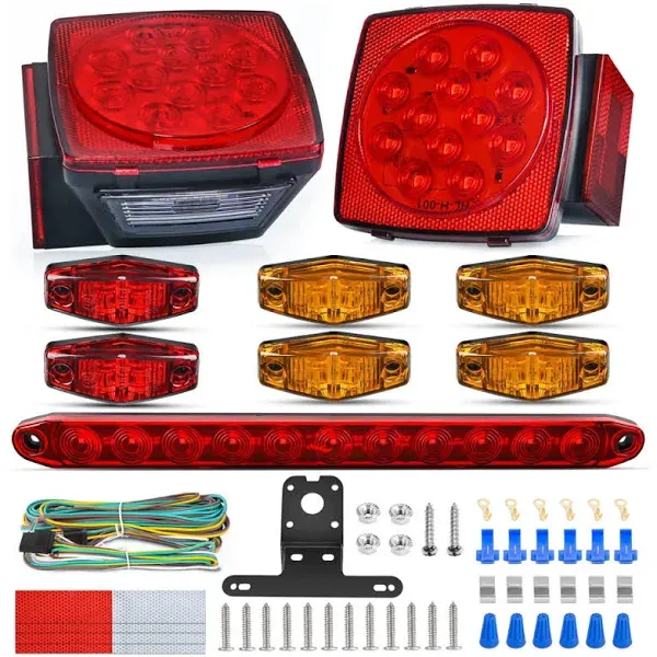 Nilight LED Trailer Light Kit Square Stop Turn Tail Light Red Amber Side Marker Light Third Brake ID Light Bar for 12V Utility Trailer Boat Camper