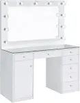 Coaster 7-Drawer Glass Top Vanity Desk with Lighting - White