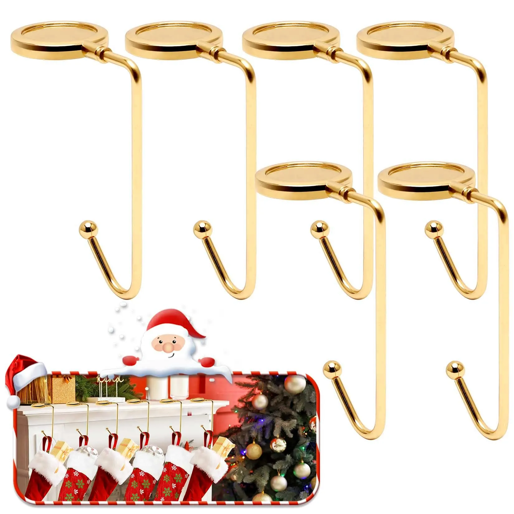 Christmas Stocking Holders for Fireplace (Set of 6),lightweight Metal Stocking Hooks for Fireplace, Christmas Party Decoration Stocking Hooks(Gold)