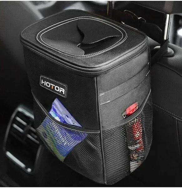 HOTOR Car Trash Can with Lid and Storage Pockets, 100% Leak-Proof Car Organizer, Waterproof Car Garbage Can, Multipurpose Trash Bin for Car - Black