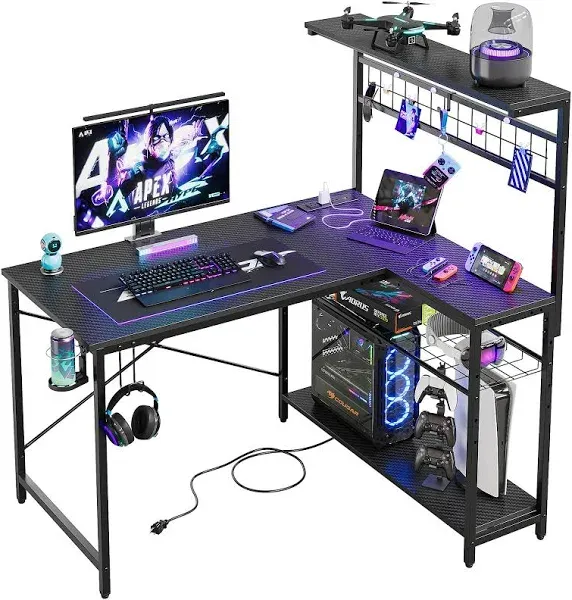 Bestier 42 L Gaming Desk,Computer Desk with Power Outlets, LED Lights, Reversible Corner Desk with 4-Tier Shelves,Cup Holder & Hook Carbon Fiber