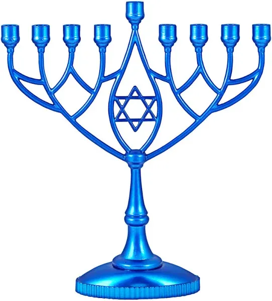 Zion Judaica Classic Geometric Menorah Chanukiah 9&#034; Silver 1 Metallic Blue