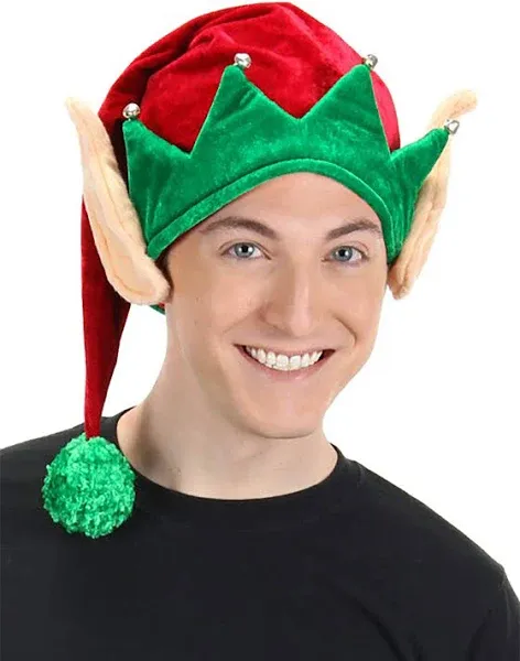 Soft Elf Hat with Ears for Adults - Velvet Hat with Pompom, Foam Ears, and Bells, Adjustable Size