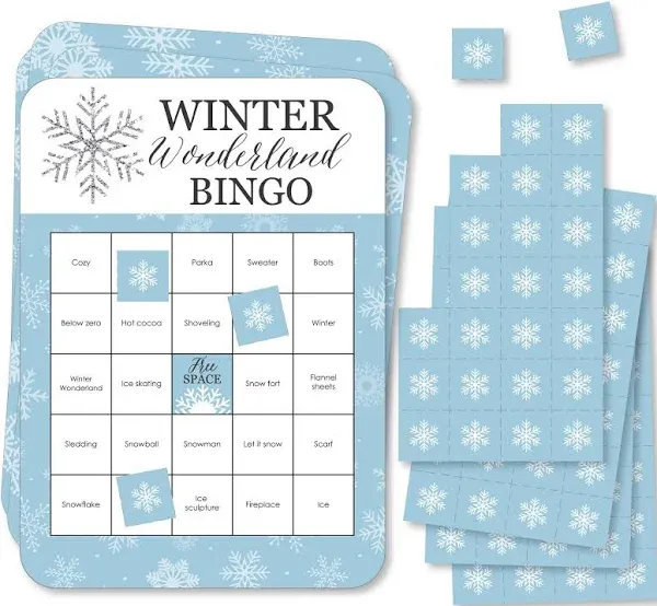 Big Dot of Happiness Winter Wonderland - Bingo Cards and Markers - Snowflake Holiday Party and Winter Wedding Bingo Game - Set of 18