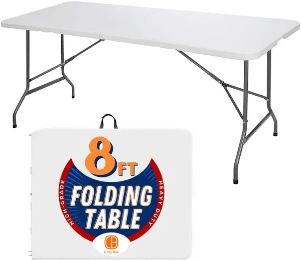 8FT Folding Table Indoor Outdoor Heavy Duty Portable Folding Plastic Dining Table w/Handle, Lock for Picnic, Party, Camping - White (4ft, 6ft, 8ft) (8ft)