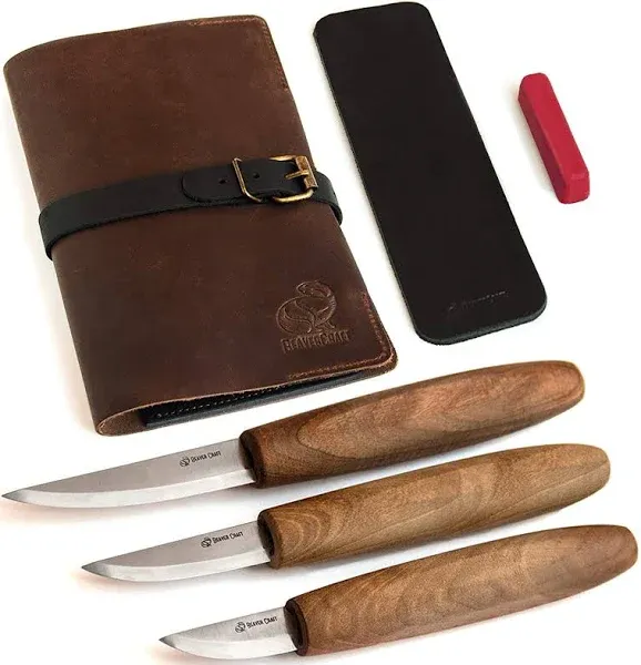 BeaverCraft Deluxe Wood Carving Tools Kit S19x - Wood Carving Knife Whittling Kit Wood Carving Whittling Knife Set with Leather Strop and Polishing Compound in Leather Tools Roll Bag