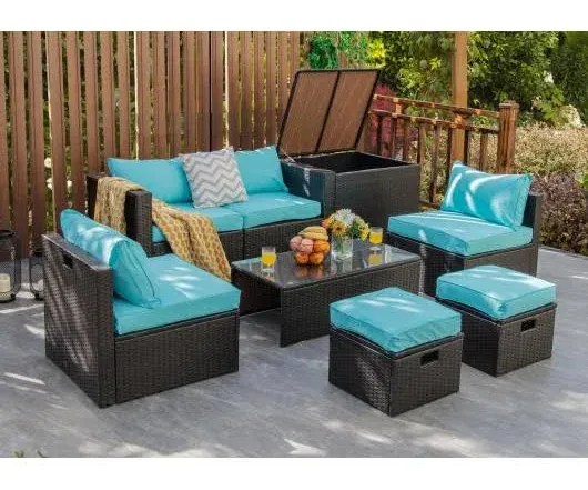 8PCS Patio Rattan Furniture Set Space-Saving Storage Cushion W/Cover Turquoise