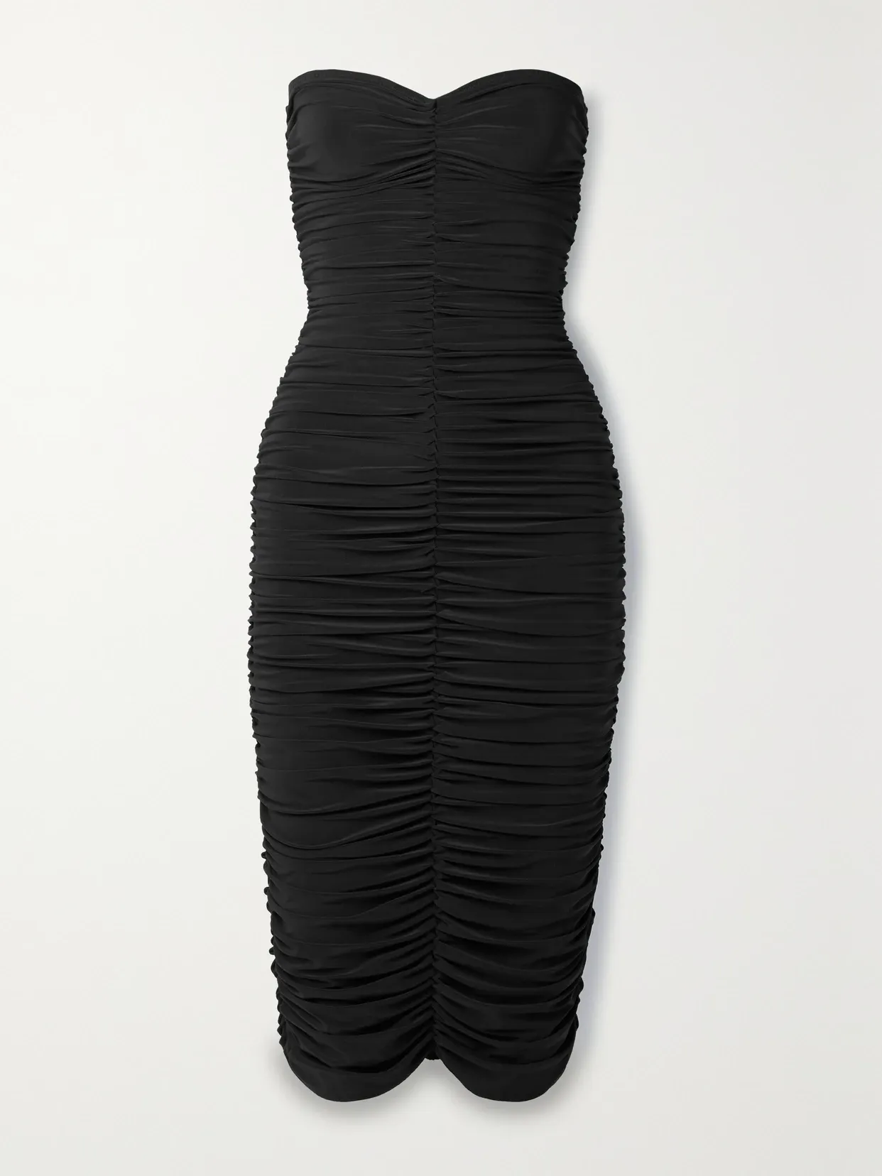 Shop Norma Kamali Slinky Strapless Ruched Stretch-jersey Midi Dress In Black