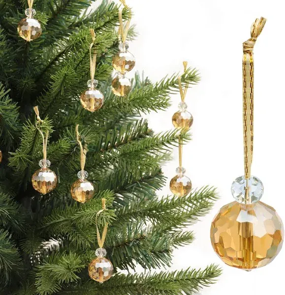 12 Pcs Crystal Glass Christmas Balls Ornaments, 0.87" Mini Prism Ball Christmas Tree Decorations, Hanging Crystal Ornament Clearance for Xmas Wedding Party Home Decor (Gold)