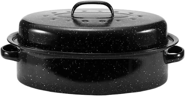 JY COOKMENT Granite Roaster Pan 19” Enameled Roasting Pan with Domed Lid. Ova...