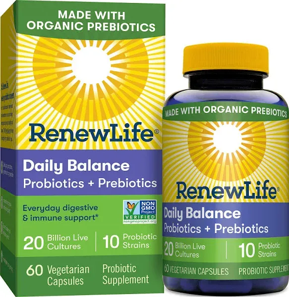 Renew Life
           Daily Balance Prebiotics & Probiotics -- 20 billion CFU - 60 Capsules
        
        
        
        
        
          
          SKU #: 631257159809
          
            Shipping Weight:
              2.7734 lb
            
          
          
            Servings:
              30