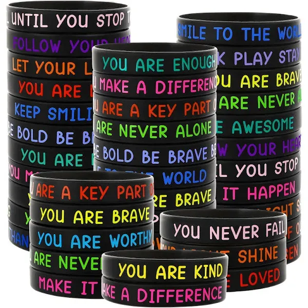 JUNEBRUSHS 64pcs Motivational Silicone Bracelets Bulk Colored Inspirational Rubber Wristbands Unisex for Student Teacher Office Prizes Gifts Back to School Party Favor Supplies