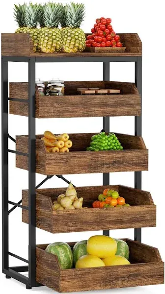 Tribesigns Wood Fruit and Vegetable Basket Stand Rack for Kitchen, Office, Store, Supremarket, Pantry Shelf Unit for Snacks, 4-Tier Wooden Utility Storage Shelves (1, Brown+Black)