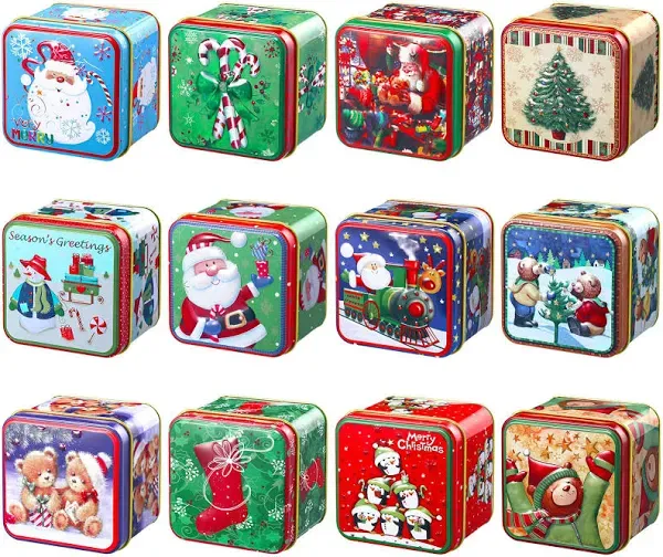 Sosation 12 Pcs Christmas Tins Square Xmas Cookie Boxes Large Candy Tinplate Tins with Lids Metal Cookie Containers for Storing Biscuits Tea Holiday Gifts, 12 styles