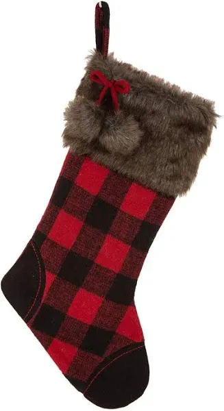 Glitzhome Hooked Fur Ball Plaid Christmas Stocking Hanging Party Decor Gifts Bag