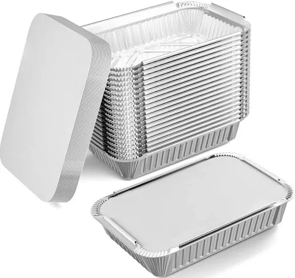 DOBI Aluminum Pans with Lids [50 Pack] - 2.25 lb. Takeout Foil Pans with Cardboard Lids - Medium Sized Disposable Aluminum Foil Take-Out Containers with Lids