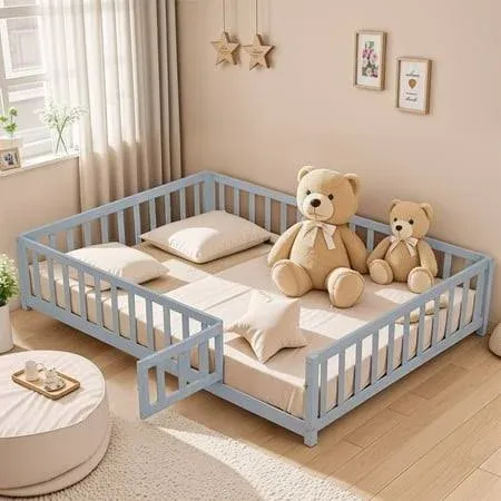 Full Floor Platform Bed with Fence and Door for Kids