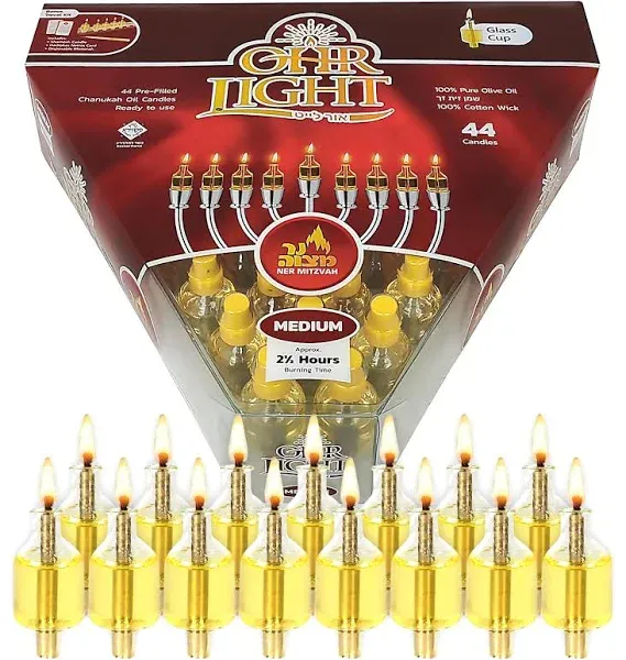 Pre-Filled Menorah Oil Cup Candles - Hanukkah Ohr Lights - 100% Olive Oil with C