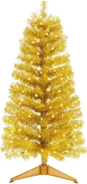 Decoway Pre-Lit Artificial Christmas Tree,White Lights, Includes Stand, 4 feet (Gold)