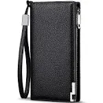 Huztencor Long Wallets for Men Leather RFID Blocking Wallet Bifold Slim Credit Card Holder Zipper Clutch Purse with Wrist Strap Coffee