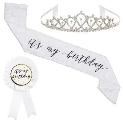 Sparkle and Bash Women's Silver Rhinestone Tiara Crown and Ribbon Set