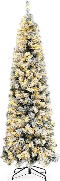 Okicoler 6.5ft Pre-Lit Snow Flocked Artificial Holiday Pencil Slim Christmas Tree