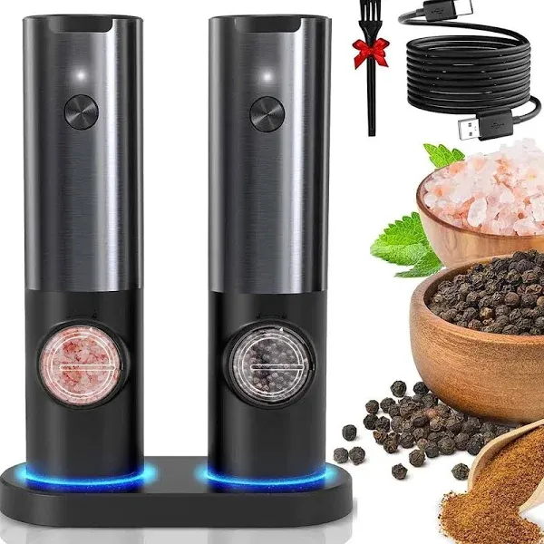 Electric Salt and Pepper Grinder Set Rechargeable, No Battery Needed, One Hand Operation, Automatic Pepper Mill Refillable, Stainless Steel, Adjustable Coarseness, LED Light