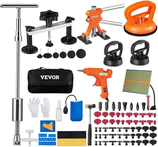 VEVOR 60 PCS Dent Removal Kit, Paintless Dent Repair Kit with Golden Lifter, Bridge Puller, Car Dent Puller with Puller Tabs, Hot Glue Gun for Auto Body Dents, Hail Damage, Door Ding