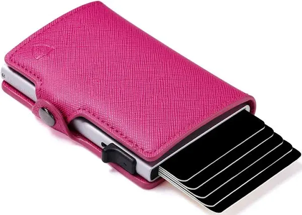 Card Blocr Womens Slim Wallet for Small Purses, Pop Up Wallet with Anti Theft RFID Blocking Credit Card Holder for Women in Fuchsia PU Saffiano Leather