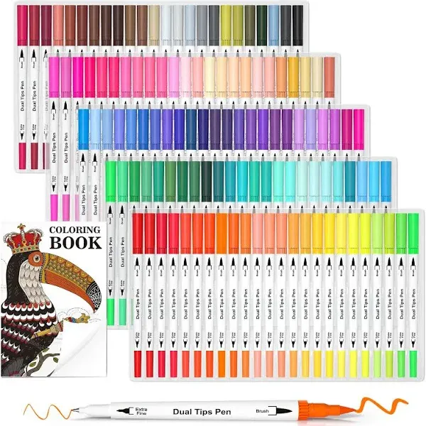 Lelix 120 Colors Dual Tips Brush Pens Art Markers with a Coloring Book, Brush and Fine Point Pens Fineliner for Adults Kids Coloring Books Calligraphy Journaling Lettering Drawing