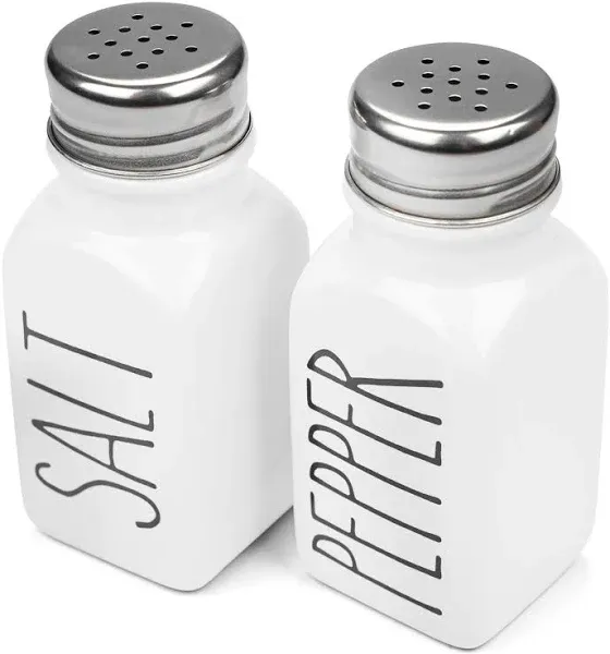 Heartland Home Farmhouse Ceramic Salt and Pepper Shakers Set with Extra Lids. 100% Stoneware Salt and Pepper Shaker Set. Black Pepper and White Salt Shaker with Lid x4. Kitchen Salt Pepper Shakers