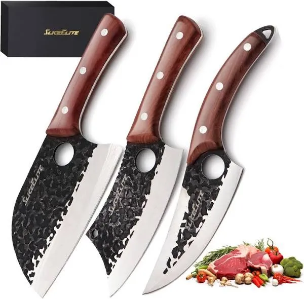 3PC Hand-Forged Butcher Knife Set, High Carbon Forged Steel. Set Includes: Se...