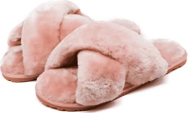 Crazy Lady Women's Fuzzy Fluffy House Slippers Cute Plush Memory Foam Shoes Cross Band Indoor Outdoor Open Toe Sandals