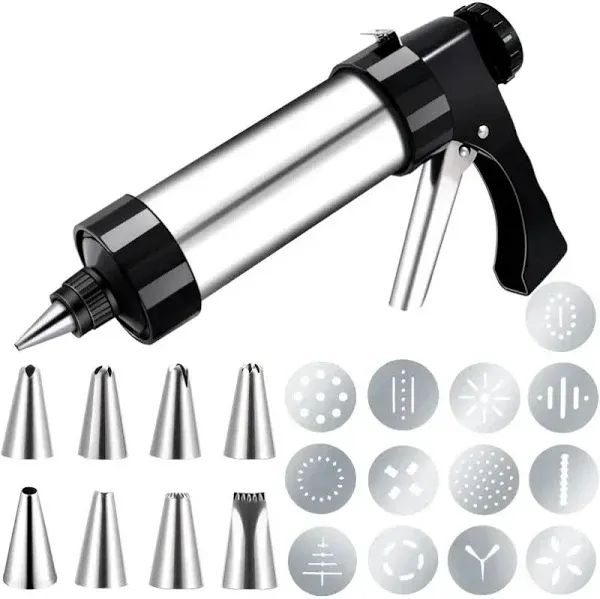 Cookie Press for Baking, Stainless Steel Spritz Christmas Cookie Press Maker Gun with 8 Piping Nozzles and 13 Cookie Discs