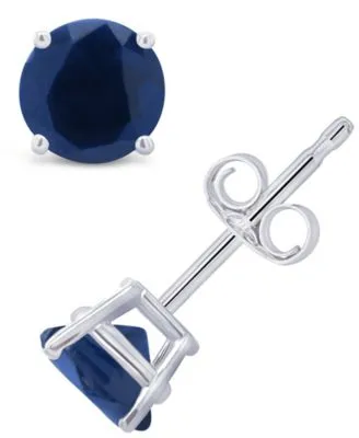 14K White Gold Round Blue Sapphire Stud Earrings