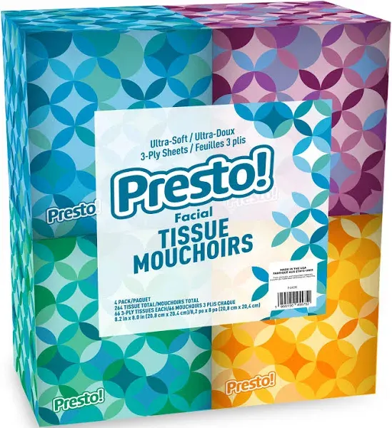 Brand - Presto! Ultra-Soft Facial Tissues (4 Cube Boxes) 3-Ply Premium Thick 66 Tissues per Box (264 Tissues Total)