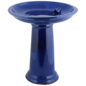 Ceramic Bird Bath on Pedestal with Bird, Teal