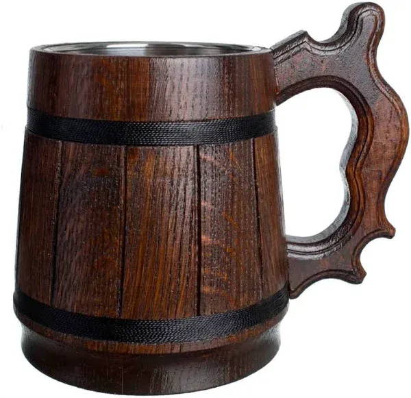 Wood Beer Mug 0.6L 20oz with Gift Box Stainless Steel Cup Men Eco-Friendly Souvenir Handmade Retro Brown