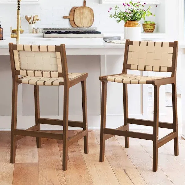 LUE BONA Counter Height Bar Stools 24inch, Set of 2 Faux Leather Woven Counter Stool with Backs, Woven Strips Rattan Barstools with Wood Legs for Dining Room Home Kitchen, Brown