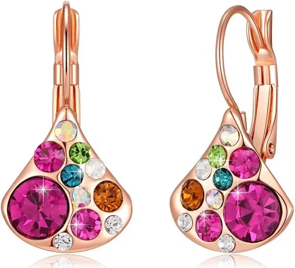 Multicolored Austrian Crystal Leverback Earrings for Women 14K Gold Plated Dangle Hoop Earrings Hypoallergenic Jewelry