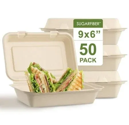 Sugarfiber 50 Count Compostable Rectangular Hinged Plant Fiber Clamshell Takeout Box