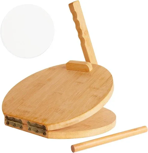 Wooden Tortilla Press 10 Inches Wood Tortilla Press Maker, with Rolling Pin & 50 Pcs Parchment Paper, for Homemade Mexican Tortillera, Roti, Chapati, Taco, Pataconera, Burritos and Dough Press