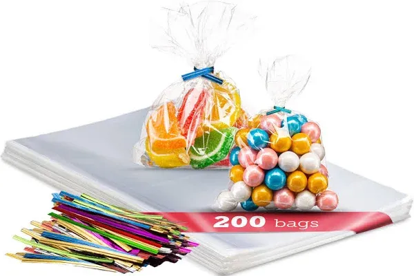 Prestee 200 Pack Clear Plastic Cellophane Bags Goodie Bags [3x4] with 4" Twist Ties, Candy Bags, Cookie Bags, Treat Bags with Ties, Clear Gift Bags, Cellophane Treat Bags (Pack of 200)