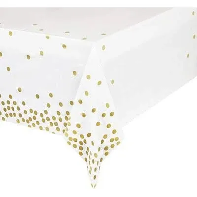 Sparkle and Bash White and Gold Tablecloth with Gold Polka Dot Confetti